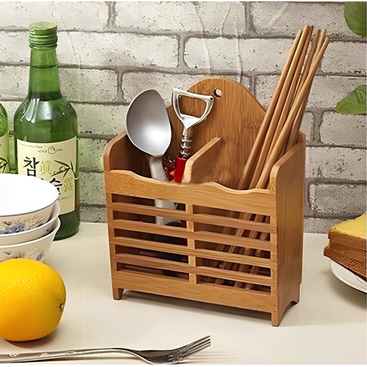 Wooden Mini Spoon Holder And Bamboo Chopstick Basket